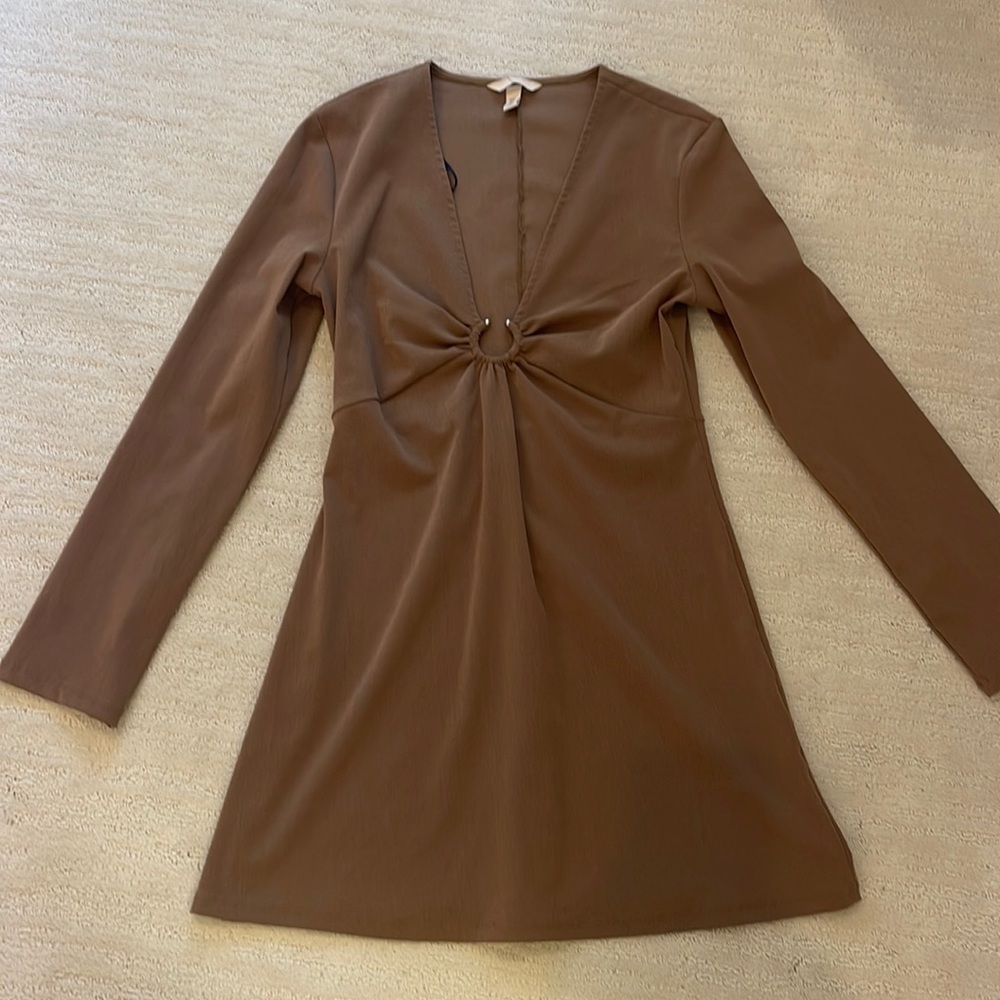 H&M Paris Brown Long Sleeve Low Cut Dress